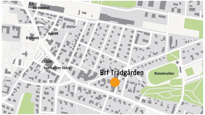 Karta över Brf Trädgården med markerad plats nära Romevallen