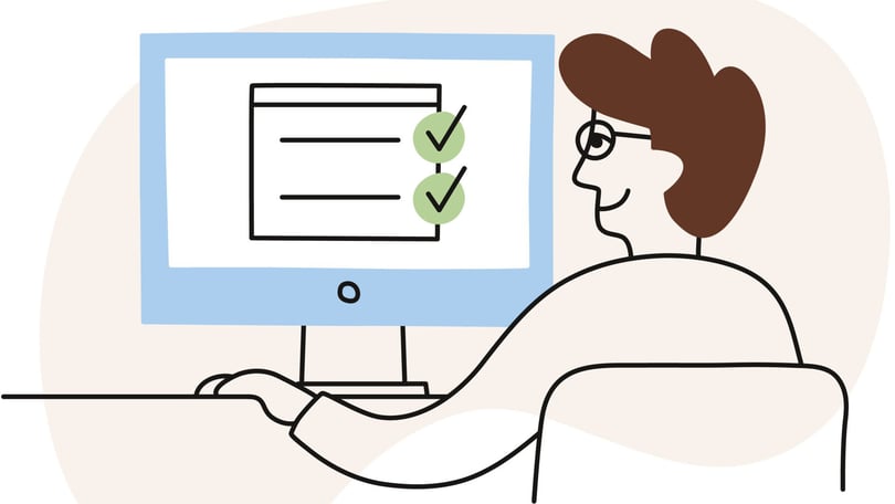 Illustration av en person med glasögon som sitter vid en dator med en checklista på skärmen