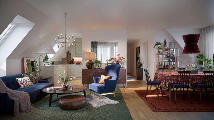 Vardagsrum och matsal i öppen planlösning med modern inredning, inkluderande en blå fåtölj, soffbord, matbord med stolar och dekorativa lampor