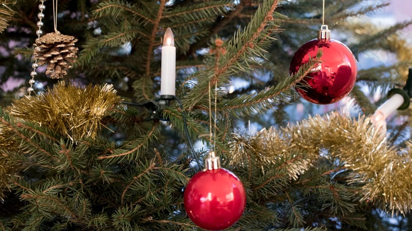 Julpyntad gran med röda julkulor, ljus och guldfärgad girlang