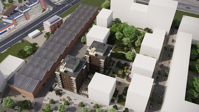 Illustration av bostadskvarter med två flerbostadshus, innergård, träd och kringliggande stadsbebyggelse