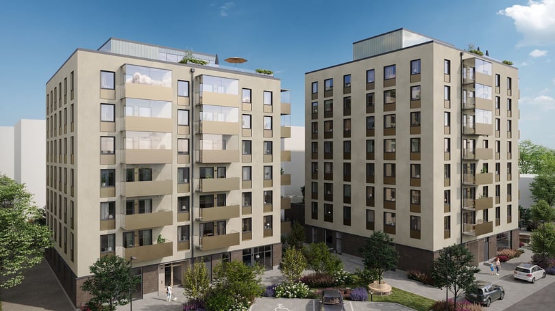 Illustration av två moderna flerbostadshus med balkonger och grön innergård