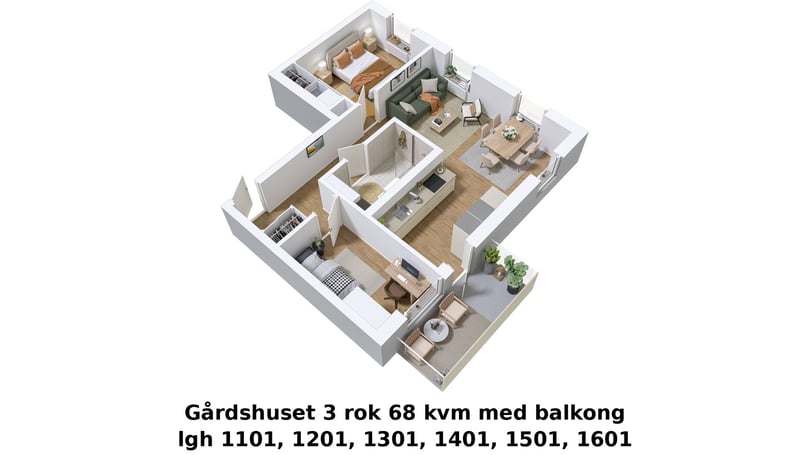 3D-illustration av en lägenhet med tre rum, kök och balkong