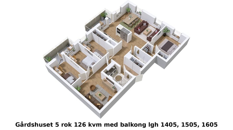 3D-illustration av en  lägenhet med 5 rum och kök, 126 kvm, balkong och möblerad planritning