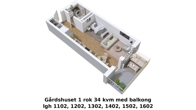 3D-illustration av en lägenhet med ett rum och kök samt balkong, 34 kvm