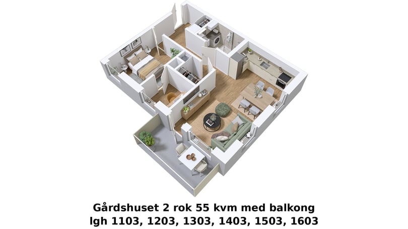 3D-planlösning av en inflyttningsklar lägenhet med 2 rum och kök, 55 kvm, balkong