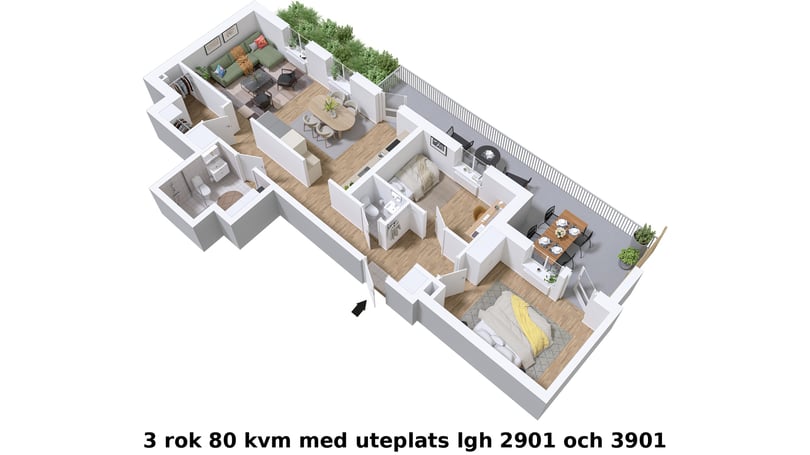 3D-illustration av lägenhet med 3 rum och kök, 80 kvm, med uteplats, vardagsrum, kök och två sovrum