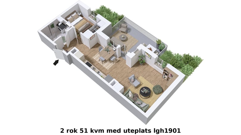 3D-illustration av lägenhet med två rum och kök samt uteplats