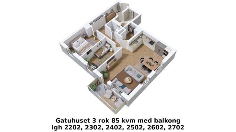 3D-illustration av 3 rok på 85 kvm med balkong