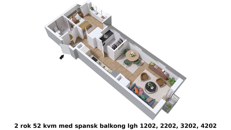 3D-illustration av lägenhet med 2 rum och 52 kvm samt spansk balkong
