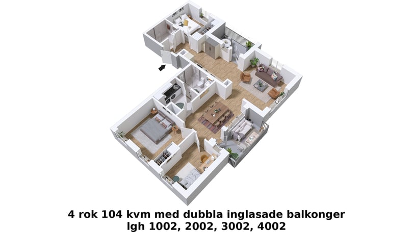 3D-illustration av lägenhet, 4 rok på 104 kvm med dubbla inglasade balkonger