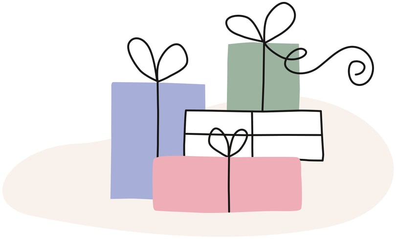 Illustration av inslagna presenter i rosa, lila, grönt och vitt