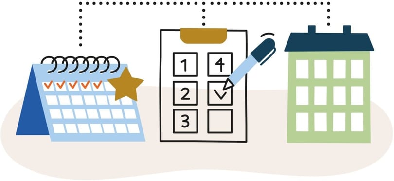 Illustration av kalender, checklista med penna och hus