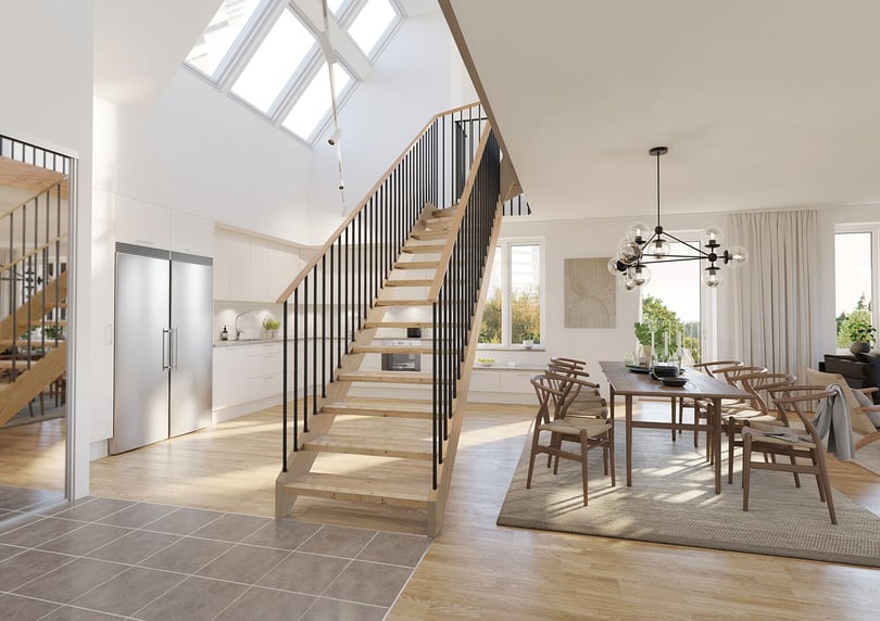 Lägenhet med öppen planlösning, trappa, kök och matplats