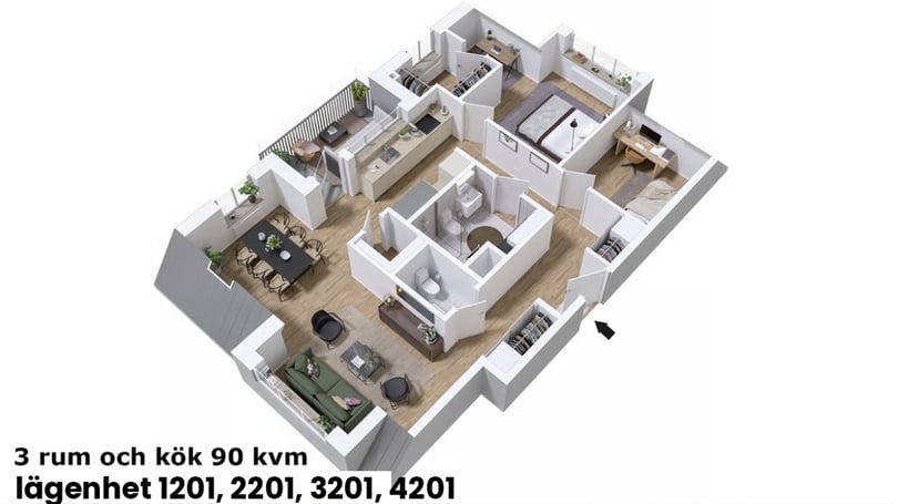 Inflyttningsklar lägenhet med 3 rum och kök, 90 kvm