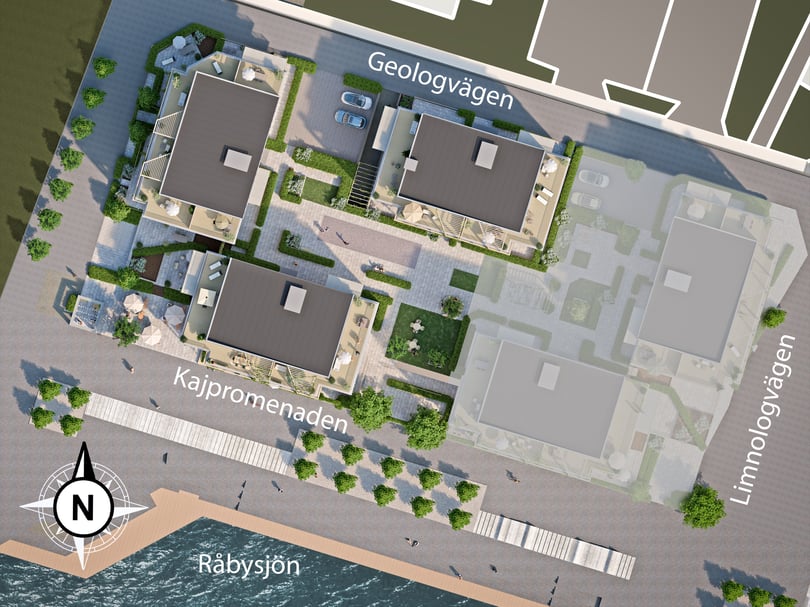 Illustration av bostadskvarter med flera flerbostadshus, innergårdar, gångstråk och gatorna Geologvägen, Kajpromenaden och Limnologvägen