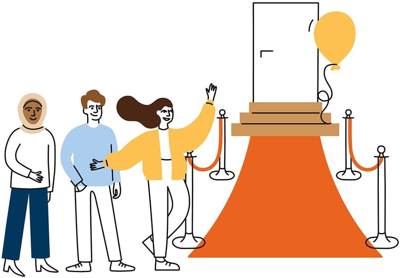 Illustration av tre personer vid en entré med röd matta och gul ballong