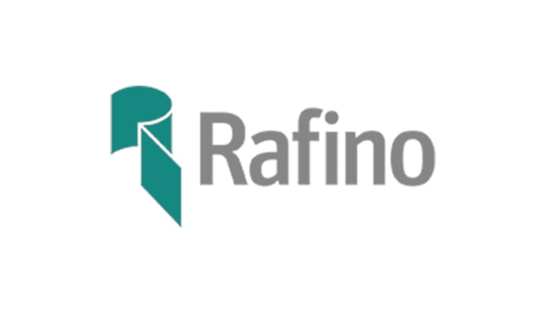 Rafino-logotyp med grön symbol och grå text på vit bakgrund