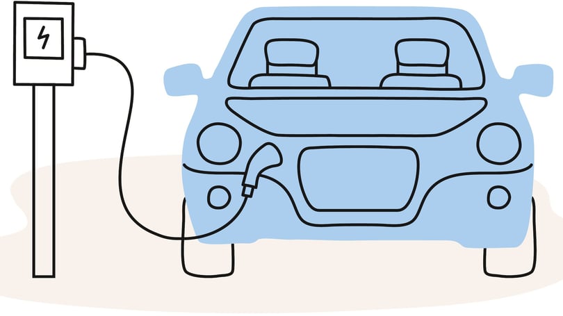 Illustration av en elbil som laddas vid en laddstation