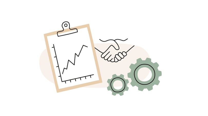 Illustration av ett klippbräde med stigande diagram, handslag och kugghjul