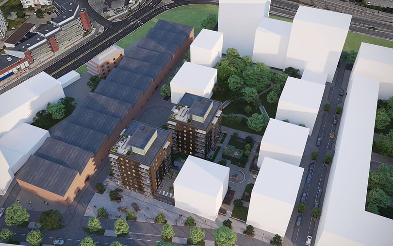 Illustration av planerad bostadsbebyggelse med två flerbostadshus, innergård och omgivande stadsmiljö