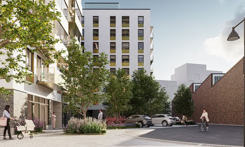 Illustration av bostadskvarter med flerbostadshus, träd, parkerade bilar och människor på gården