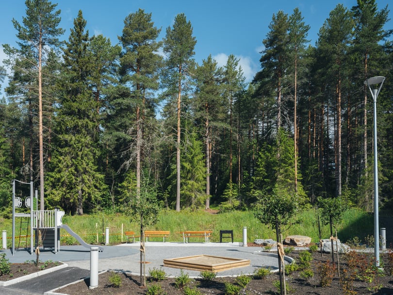 Lekplats i skogsmiljö med tallar, bänkar och en rutschkana