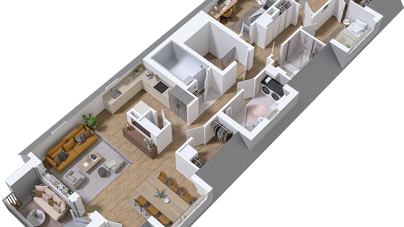 Lägenhet i 3D med öppen planlösning, kök, vardagsrum och flera sovrum