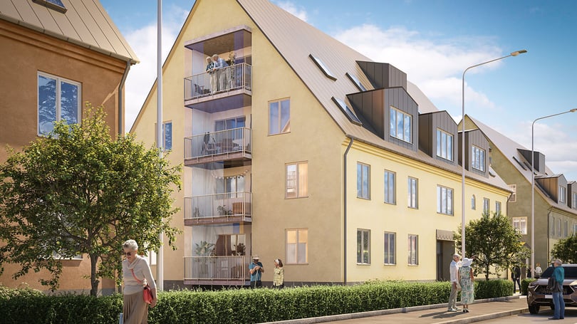 Illustration av bostadshus med balkonger, träd och människor på gården, inflyttningsklart