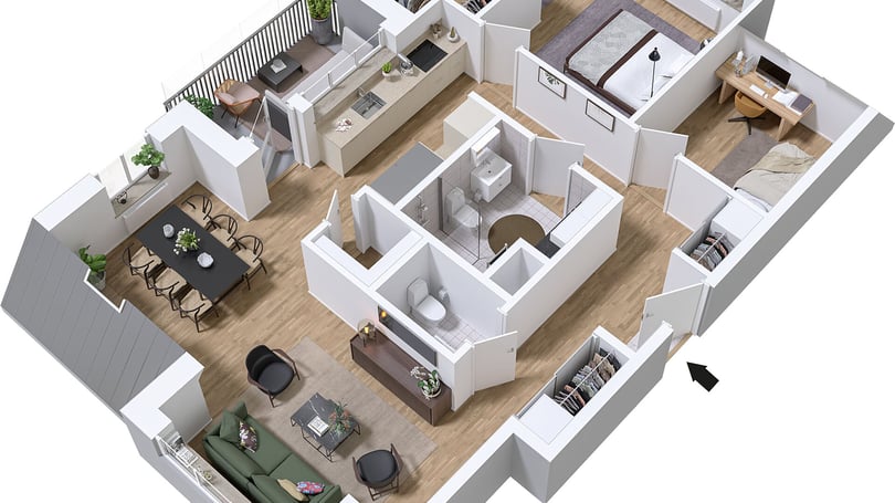 Illustration av en inflyttningsklar lägenhet med kök, vardagsrum, sovrum och badrum i öppen planlösning