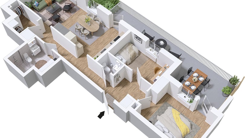 3D-planlösning över lägenhet med två sovrum, kök, vardagsrum, badrum och balkong