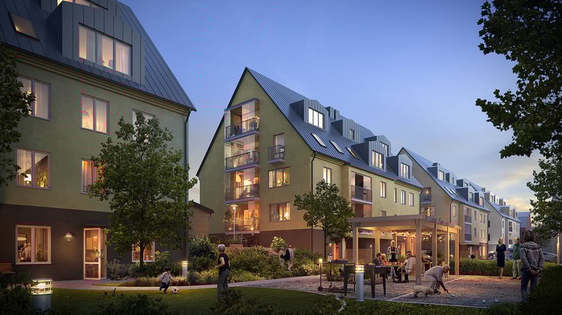 Illustration av moderna flerbostadshus med upplysta fönster, gårdsmiljö och flera personer utomhus i kvällsljus