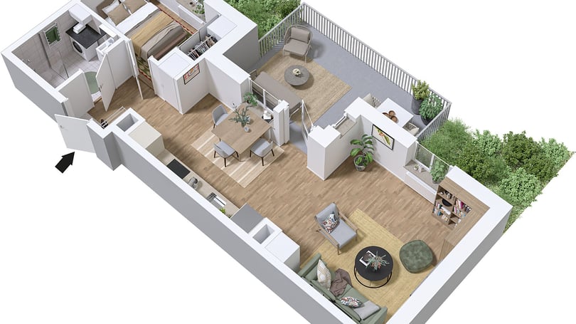 Lägenhet i 3D-illustration med kök, vardagsrum, sovrum, badrum och balkong