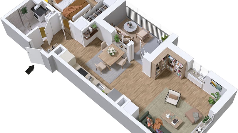 3D-planlösning över lägenhet med öppen planlösning, vardagsrum, matsal och kök. Separate rum med badrum, sovrum och balkong