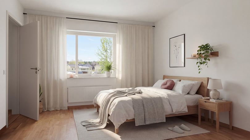 Sovrum med dubbelsäng, sängbord och fönster med ljusa gardiner