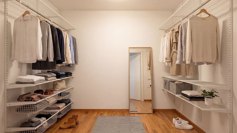Klädkammare med garderobsinredning, kläder på hängare, förvaringskorgar och en spegel
