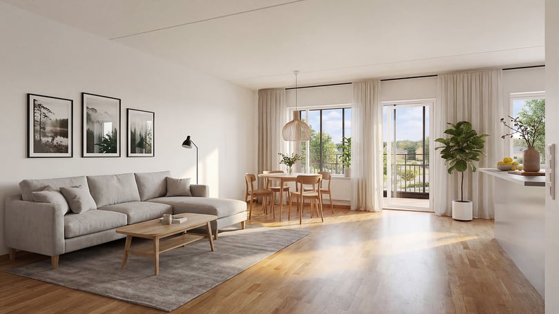 Inflyttningsklar lägenhet med ljus öppen planlösning, stor soffa, matplats och balkongdörrar mot grön utsikt