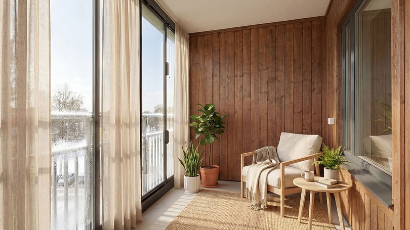 Inglasad balkong med träpanel, sittmöbel, växter och ljusa gardiner
