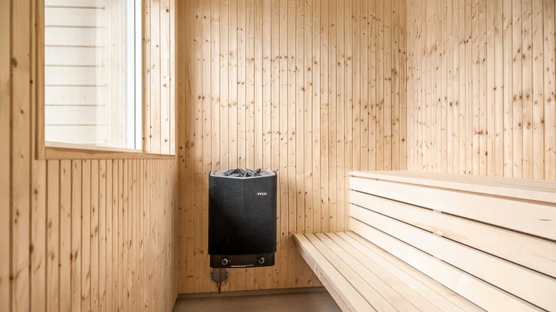 Bastu med träpaneler och bastuaggregat
