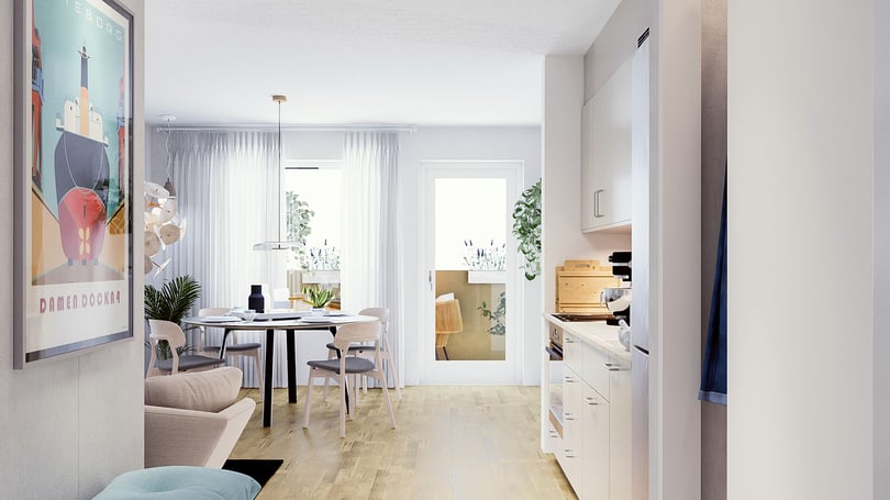 Kök och matplats i ljusa färger