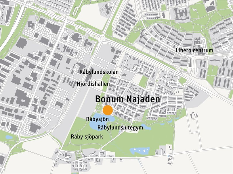 Karta över området kring Bonum Najaden vid Råbysjön i Lund