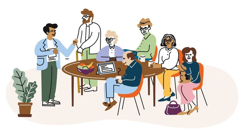 Illustration av en grupp personer som sitter och står runt ett bord i ett mötesrum, med en växt i kruka och en hund i knät på en kvinna