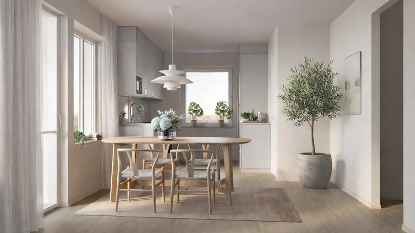 Lägenhet med ljus matplats och kök, inredd med träbord, stolar och växter