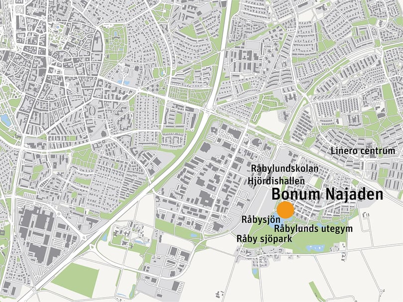 Karta över Lund med markering vid Bonum Najaden nära Råbysjön och Råby sjöpark