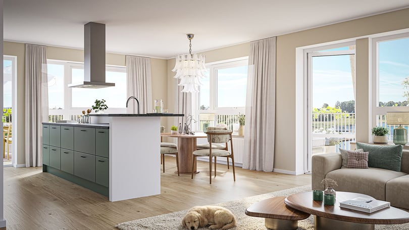 Lägenhet med öppen planlösning, köksö och stora fönster