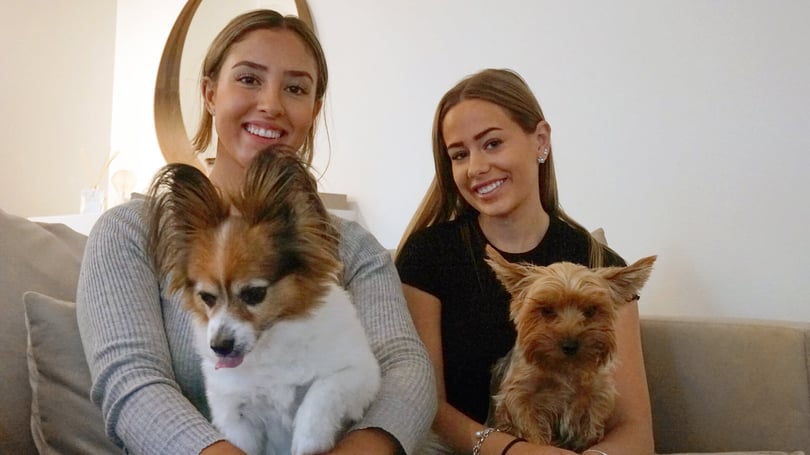 Två personer sitter i en soffa med varsin hund i knät