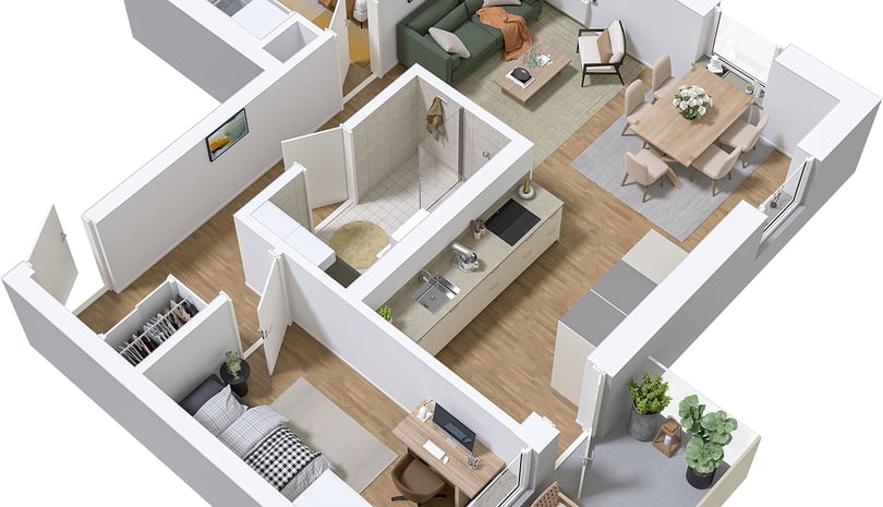 Lägenhet i 3D-illustration med kök, vardagsrum, sovrum och matplats