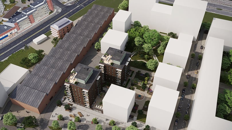 Illustration av ett bostadsområde med två flerbostadshus, gröna innergårdar och omgivande byggnader i stadsmiljö