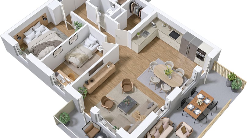 Illustration av lägenhet med öppen planlösning, två sovrum, kök, matplats och vardagsrum