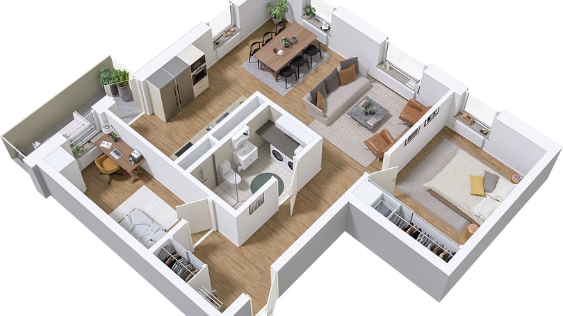 Lägenhet i 3D-visning med kök, vardagsrum, sovrum, arbetsrum och badrum